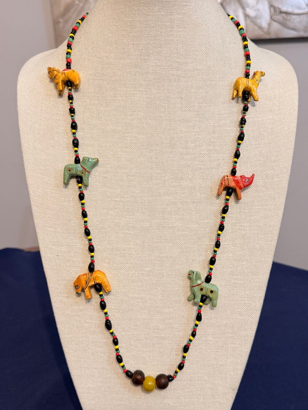 Vintage 30” Handmade Painted Animal Bead Necklace